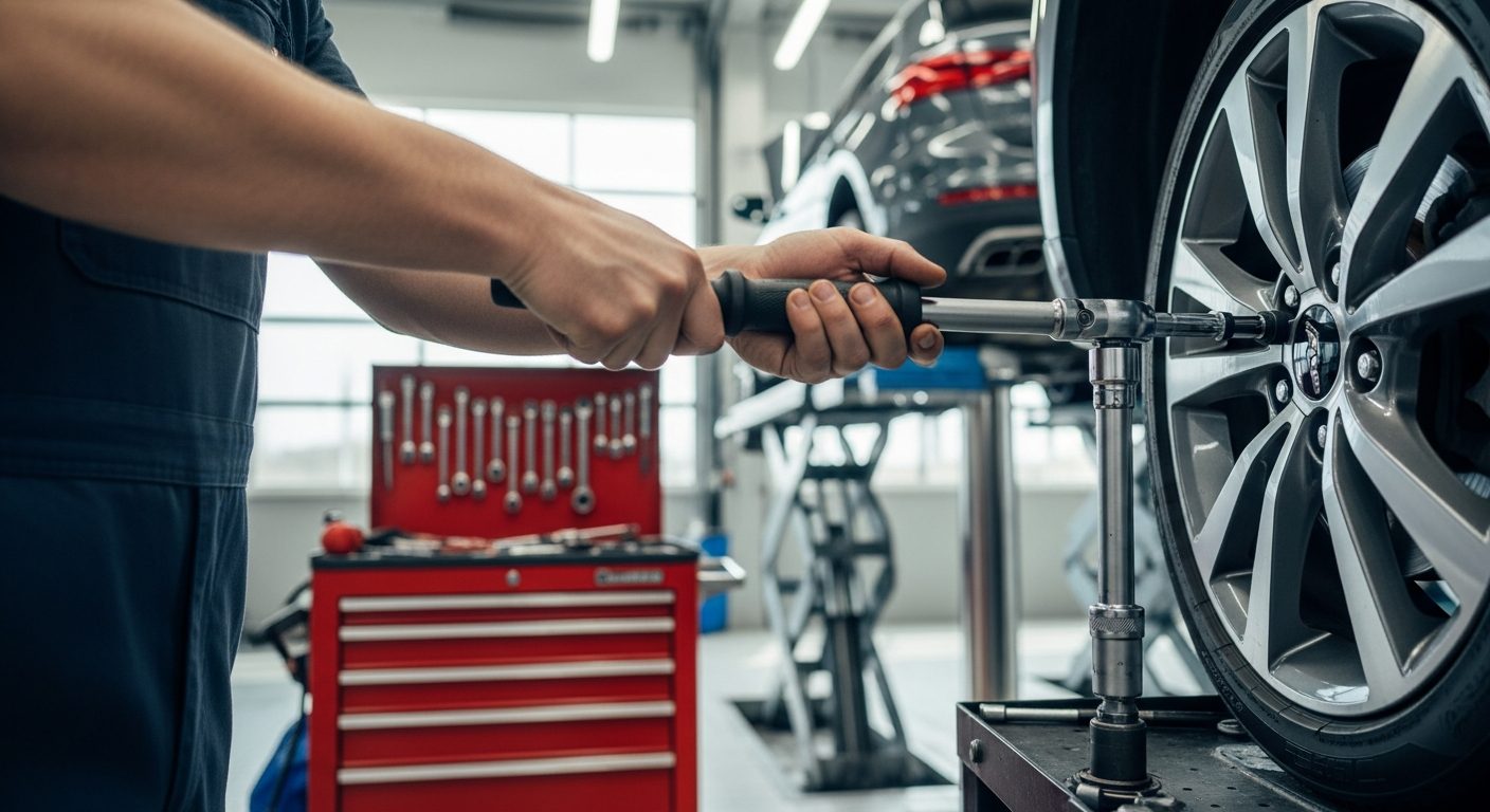 Automotive service bay with technicians