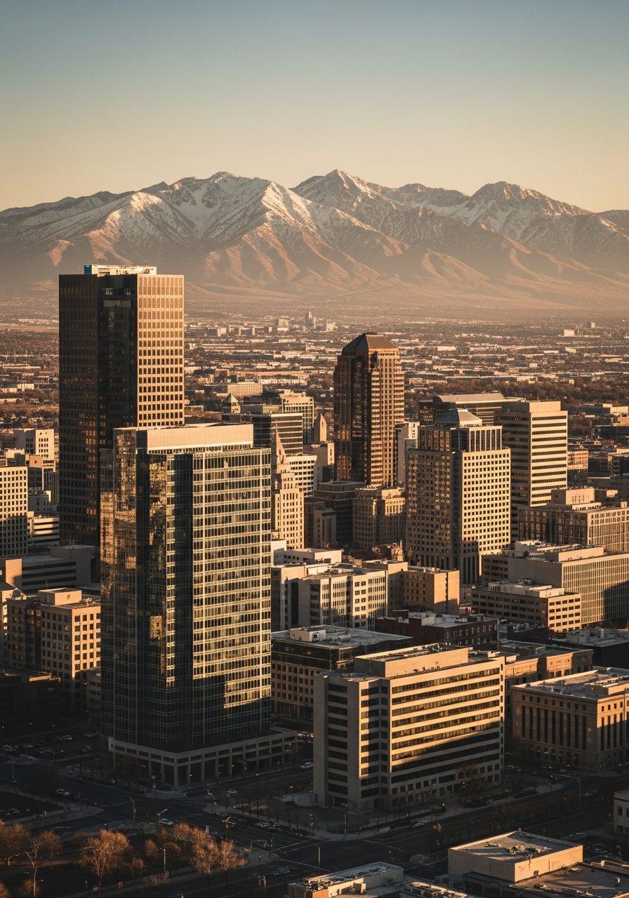 Downtown Salt Lake City at golden hour with Wasatch Mountains. VertiSource HR headquarters, Salt Lake City, Utah